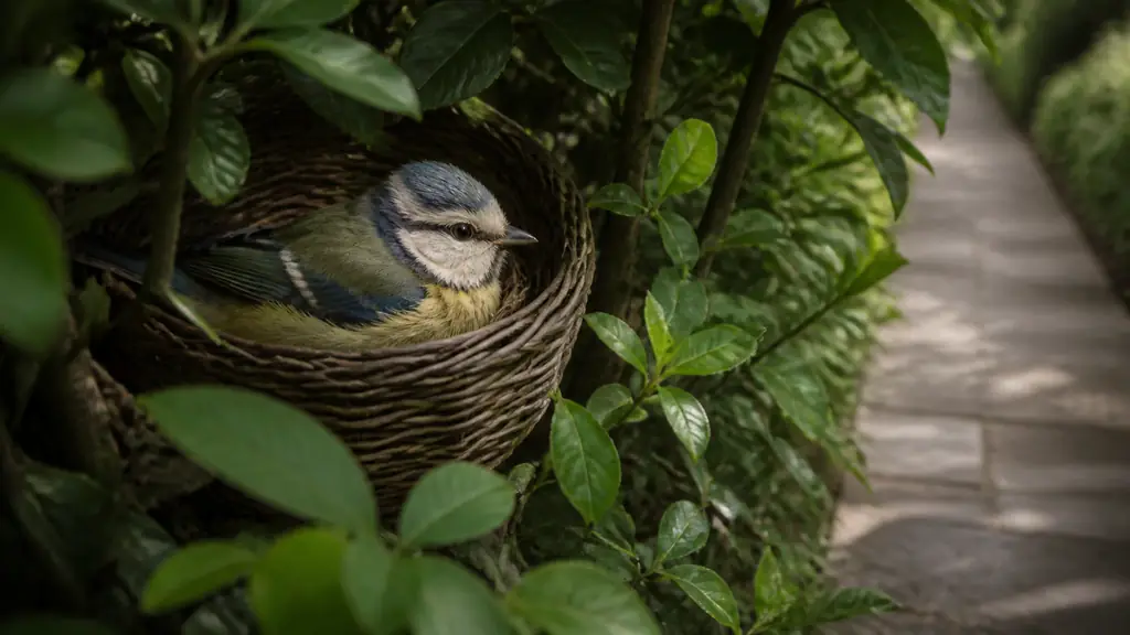 Editorial wildlife photograph of a fully feathered young blue tit resting in a small stable wicker basket secured inside a leafy hedge, with a quiet garden path nearby and no people, text, or logos