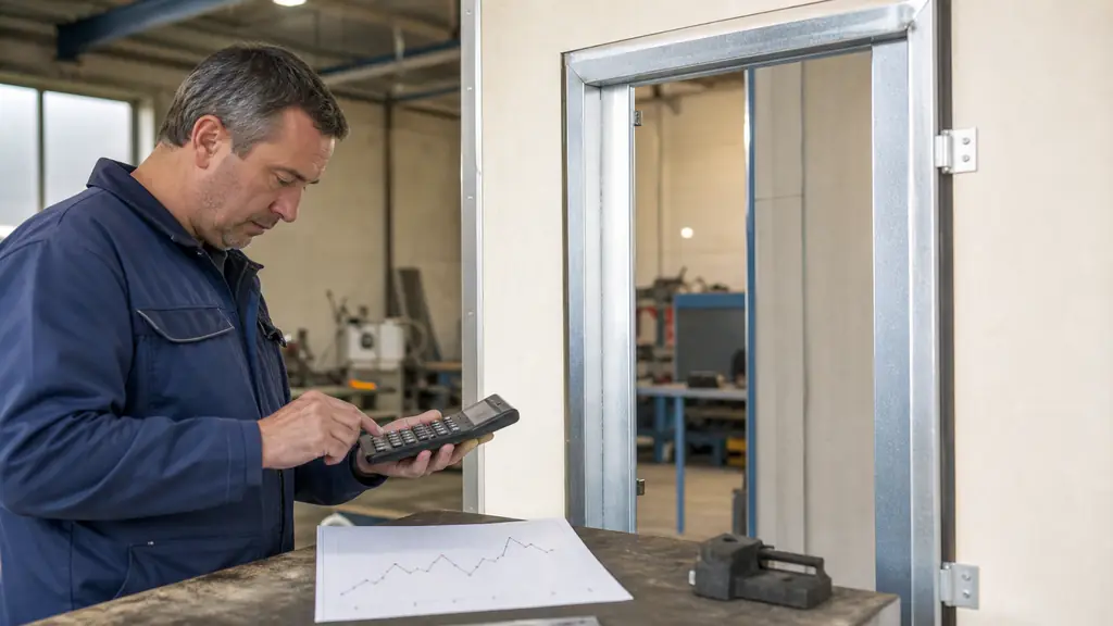 Maintenance manager using a calculator beside an unlabeled monthly index chart and a newly installed steel door frame in an industrial workshop, editorial photography, no text, no logo