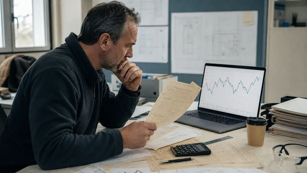 Maintenance manager comparing a monthly BT42 line chart on a laptop with dated construction contract documents and a calculator, editorial photography, no text, no logo