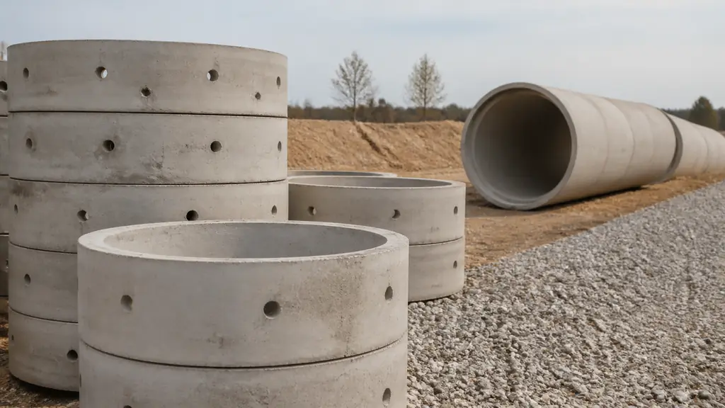 Editorial photograph of stacked perforated concrete well rings beside a gravel drainage bed, with a reinforced concrete pipe positioned horizontally in the background, no text or logo
