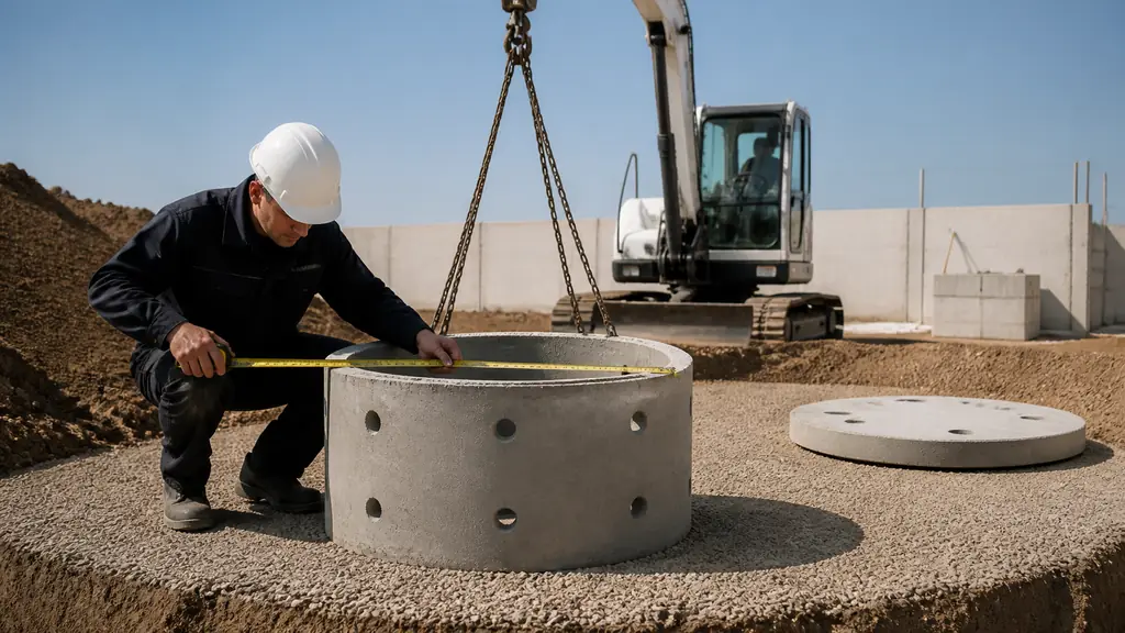 Editorial photograph of a 0.90-meter perforated concrete well ring being measured beside a leveled gravel bed, with a lifting machine and matching concrete cover visible, no text or logo
