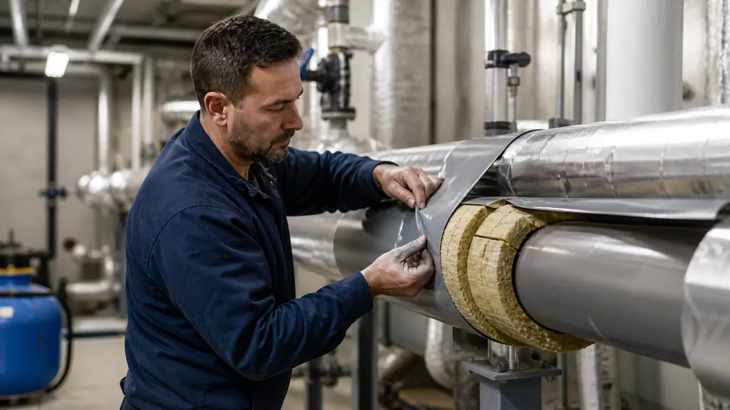 Editorial photograph of a technician sealing a vapor barrier around a chilled-water pipe beside fitted rock-wool shells and an aluminum protective cladding, industrial plant room, no text, no logo
