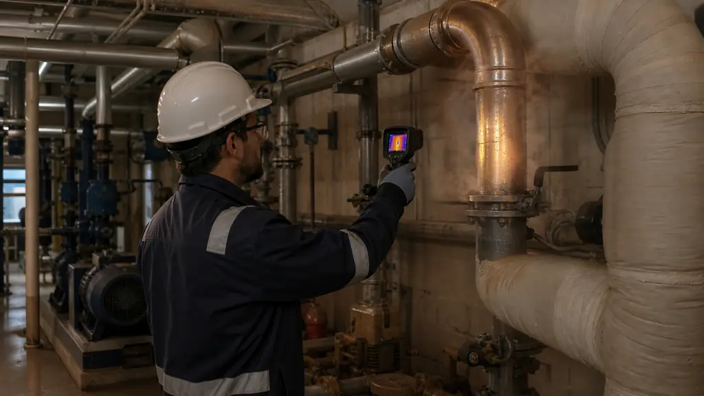 Editorial photograph of a maintenance technician checking the surface temperature of an exposed hot pipe with a handheld thermal camera inside an overheated industrial plant room, insulated pipe sections visible nearby, no text, no logo