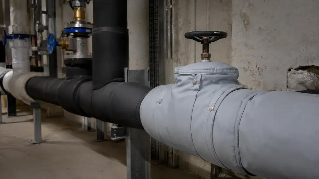 Industrial plant room with an insulated hot-water pipe, a removable cover around a valve, and black elastomeric insulation on a cold pipe showing careful sealed joints