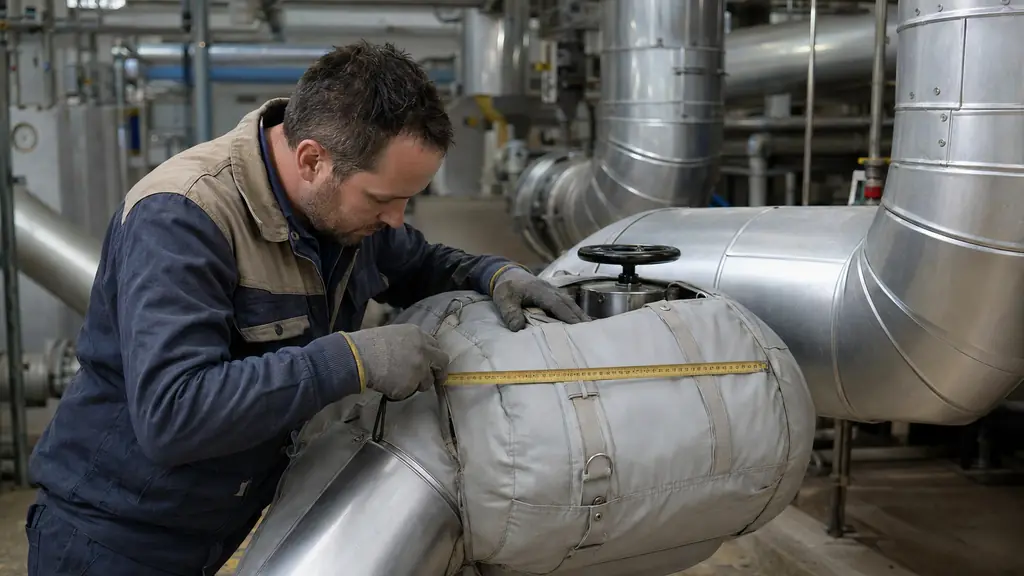 Calorifuge installer measuring a pipe in a plant room, fitting a removable insulated cover around a valve, with an aluminum protective finish on adjacent pipework