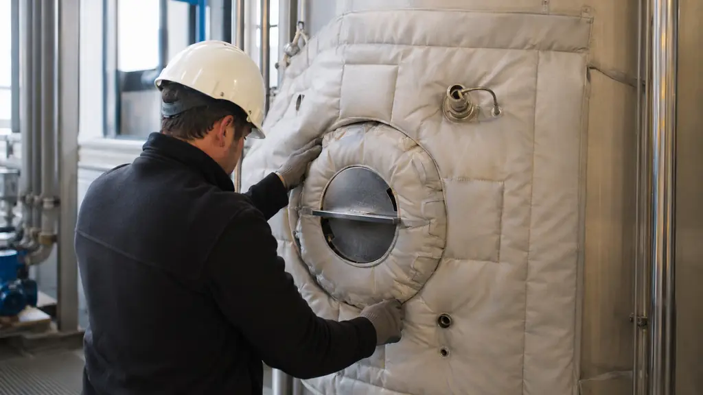 technician fitting a removable insulated panel around an industrial tank inspection hatch, with precise cutouts around a temperature probe and clean sealed joints, editorial photography, no text, no logo