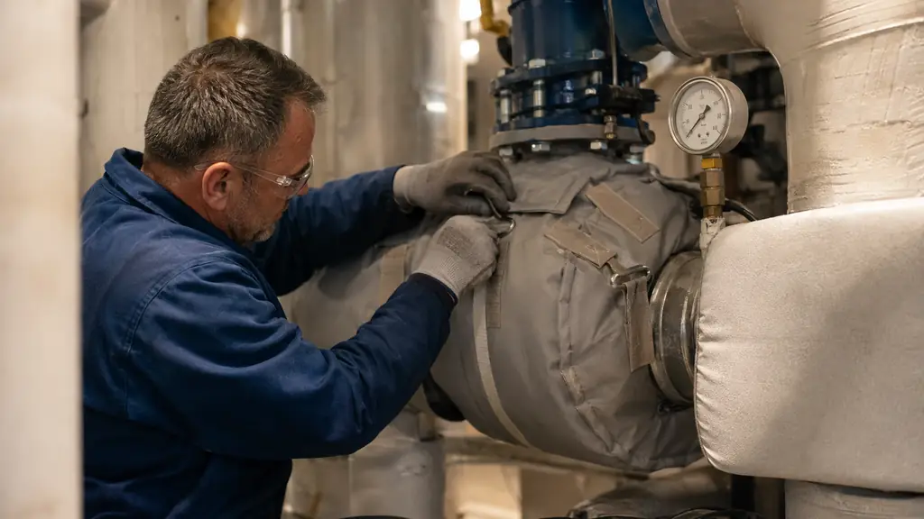 Technician fitting a removable insulation cover around an industrial valve beside tightly spaced pipe bends and an accessible pressure gauge, realistic editorial photography, no text, no logo
