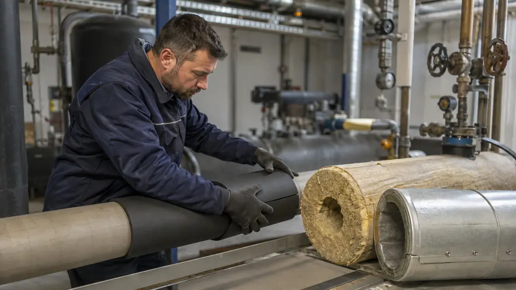 technician fitting a black elastomeric foam sleeve around a heating pipe, with a mineral wool pipe shell and rigid metal protective jacket visible nearby in an industrial boiler room, no text, no logo
