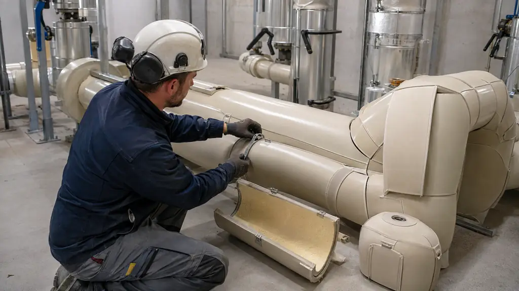 technician closing the longitudinal seam of a fitted pipe insulation shell on a clean dry heating pipe, with a precisely cut elbow section and a removable insulated valve cover nearby, industrial plant room, no text, no logo