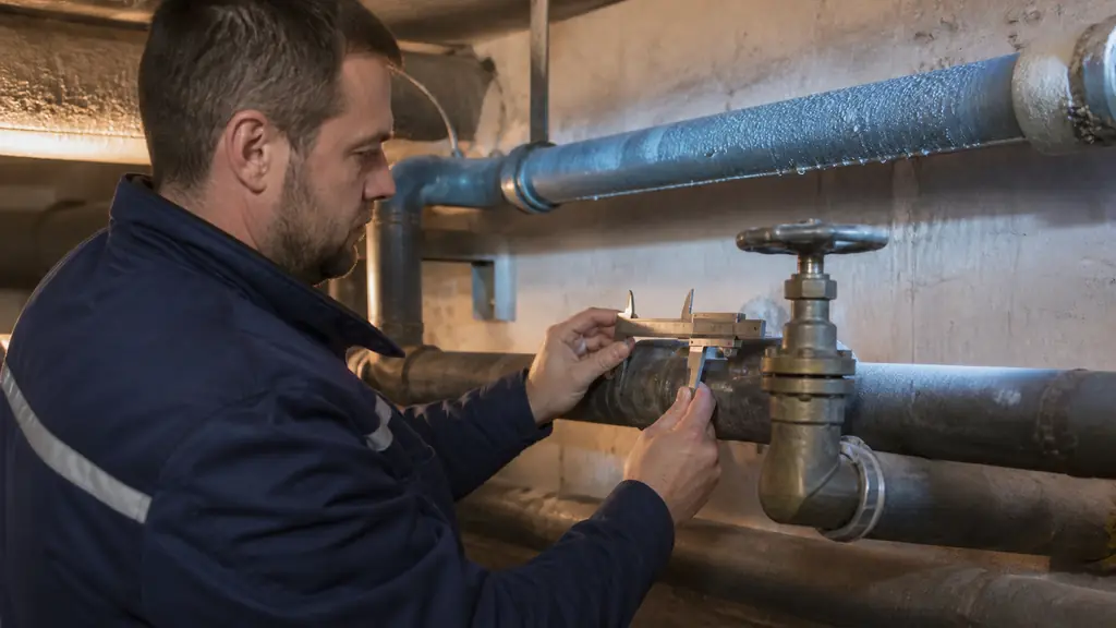 Maintenance technician measuring the outside diameter of an exposed steel heating pipe in an unheated basement, with a nearby bare valve and condensation visible on a separate cold-water line, editorial photography, no text, no logo