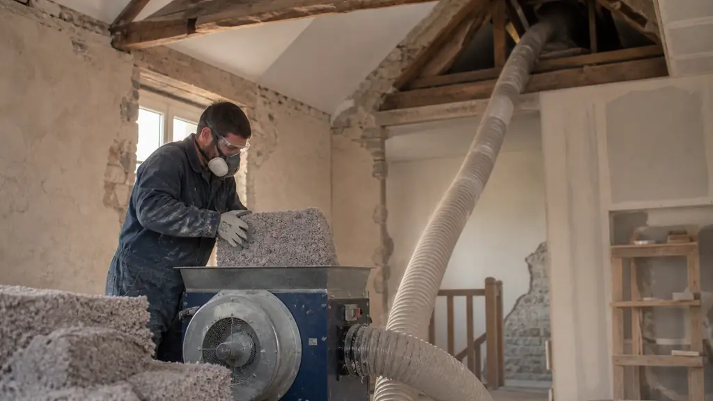 Worker loading cellulose insulation into a hopper while a radial turbine feeds material through a flexible blowing hose into an attic, editorial photography, no text, no logo