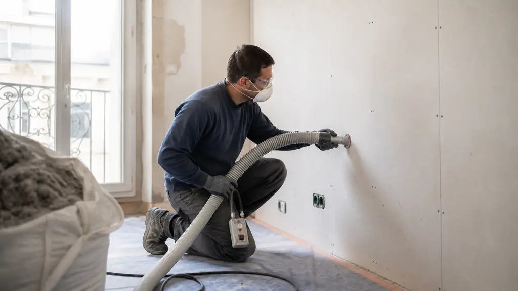 Worker injecting cellulose insulation into a closed wall cavity with a dedicated injection nozzle, blowing hose and remote control visible, editorial photography, no text, no logo