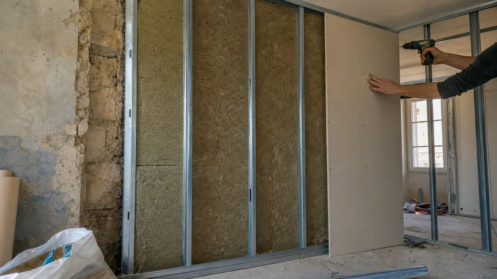 Editorial photograph of a metal stud counter-partition under construction against an irregular old wall, mineral wool fitted between vertical studs and a plasterboard panel being screwed into place, no text, no logo