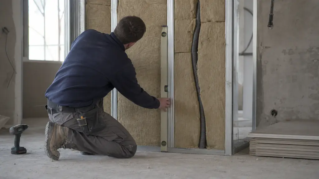 Editorial photograph of a tradesperson checking vertical metal studs with a spirit level, mineral wool precisely cut around an electrical conduit, cordless screwdriver nearby, no text, no logo