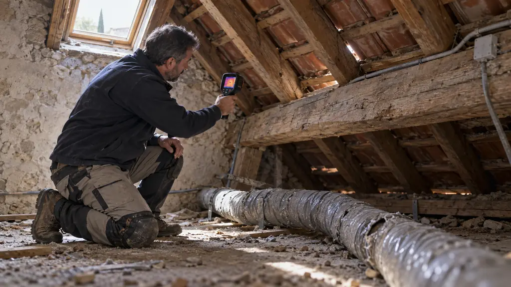 Editorial photograph of a building inspector examining an uninsulated attic beside old timber roof framing, with a worn ventilation duct and thermal camera visible, no text, no logo