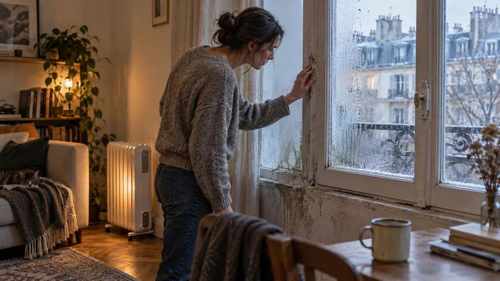 Editorial photograph of a tenant checking condensation on a drafty window beside a running electric radiator, with a cold exterior wall visible, no text, no logo