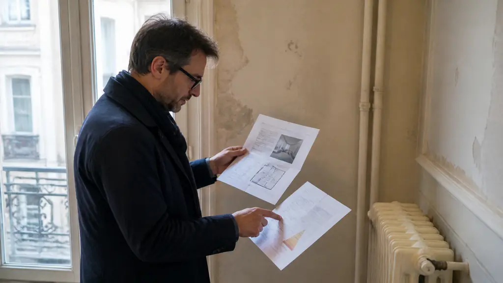 prospective homebuyer reviewing a property listing and an energy assessment beside an old radiator and uninsulated heating pipes during an apartment visit, editorial photography, no text, no logo