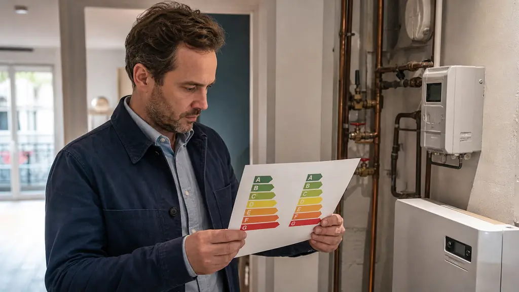 property manager examining a printed DPE report showing two colored A-to-G scales beside an electricity meter and heating pipes