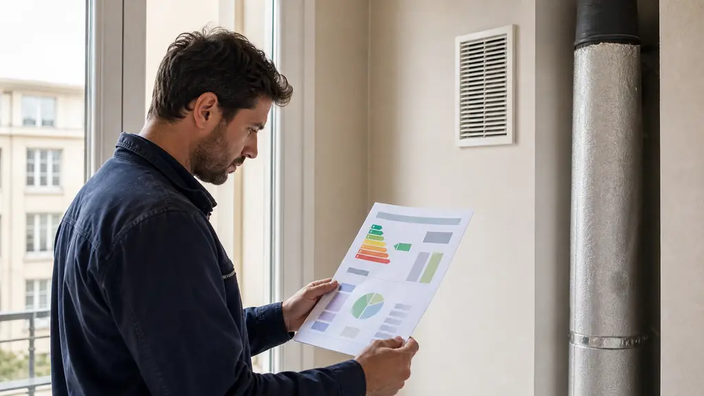 certified energy assessor reviewing a DPE report beside a ventilation grille, an insulated heating pipe and a window, with no readable text or logos