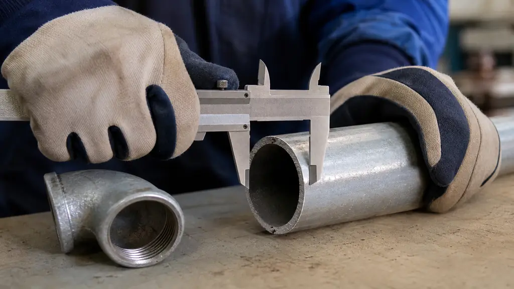 Editorial close-up photograph of a gloved maintenance technician measuring the outside diameter of a galvanized steel pipe with a vernier caliper, beside a one-inch threaded elbow and a visible cut pipe wall, no text, no logo