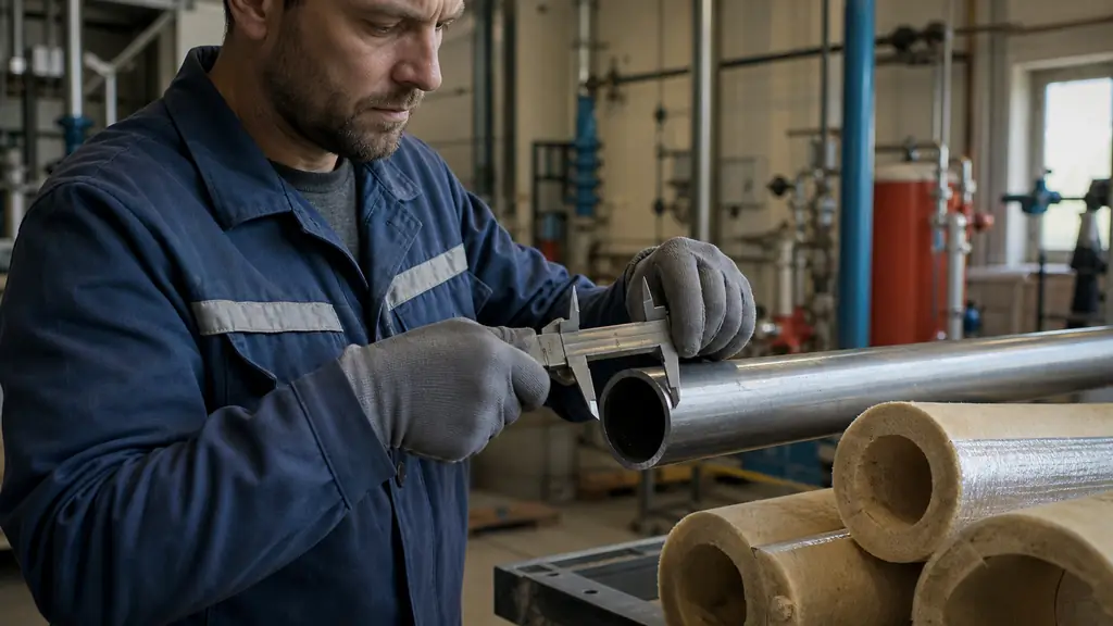 Editorial photograph of a maintenance technician measuring a bare steel pipe in two directions with a vernier caliper, beside a deburred square-cut end and removable insulation shells awaiting installation, no text, no logo