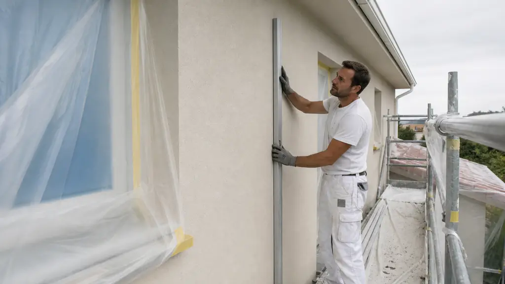 Editorial photograph of a facade worker inspecting a cleaned exterior wall with a long straightedge, protected windows and masking sheets visible beside a prepared scaffold, no text, no logo