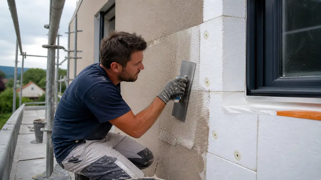 Editorial photograph of a facade worker embedding fiberglass mesh into fresh base coat beside a reinforced window corner, aligned EPS panels still visible, no text, no logo