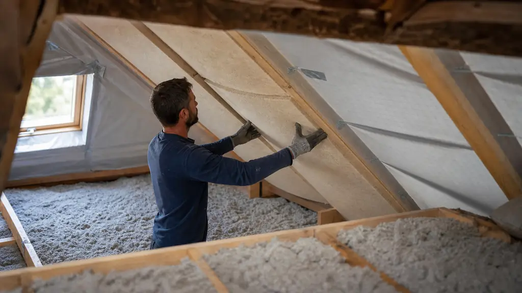 Renovation worker fitting rigid insulation panels between attic roof rafters, with a visible vapor barrier and cellulose insulation spread across the floor, realistic editorial photography, no text, no logo