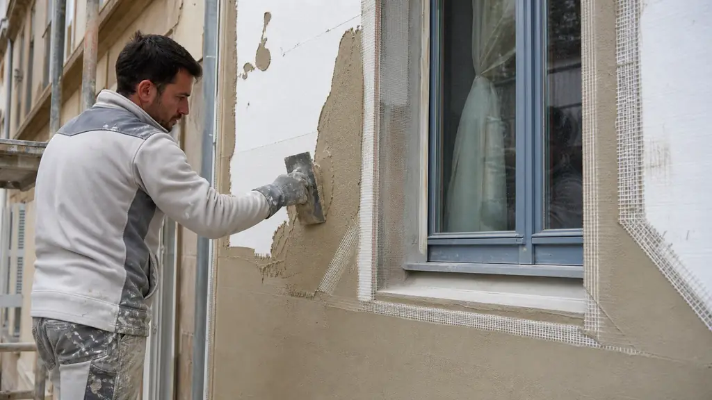 Construction worker applying reinforced render over exterior polystyrene insulation panels on an older Lyon house facade, with window junction details visible, realistic editorial photography, no text, no logo