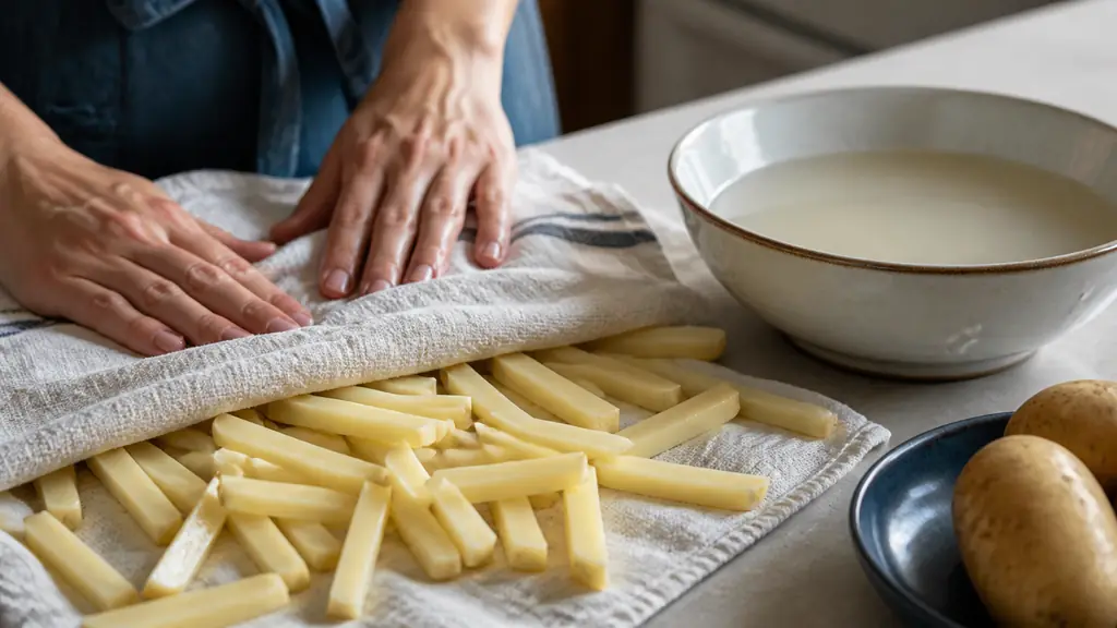 Close-up editorial food photograph of evenly cut potato sticks being thoroughly patted dry with a clean kitchen towel beside a bowl of cold cloudy rinsing water, natural kitchen light, no text, no logo