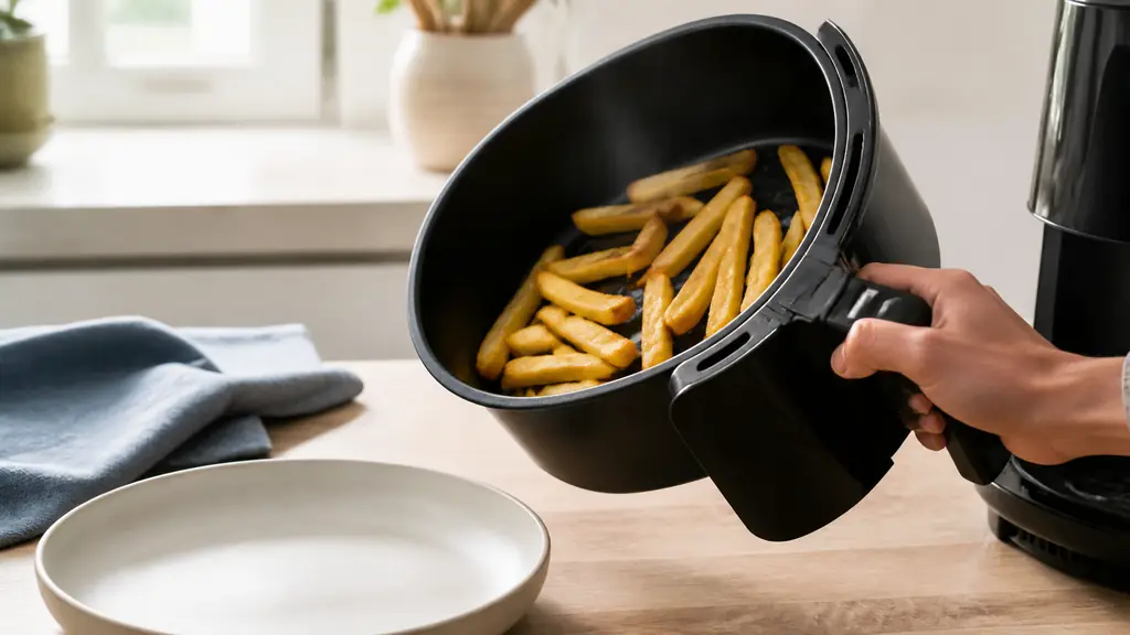 Editorial food photograph of a hand shaking a lightly filled Airfryer basket containing evenly oiled golden potato sticks, with visible space between the fries and an open serving plate nearby, natural kitchen light, no text, no logo