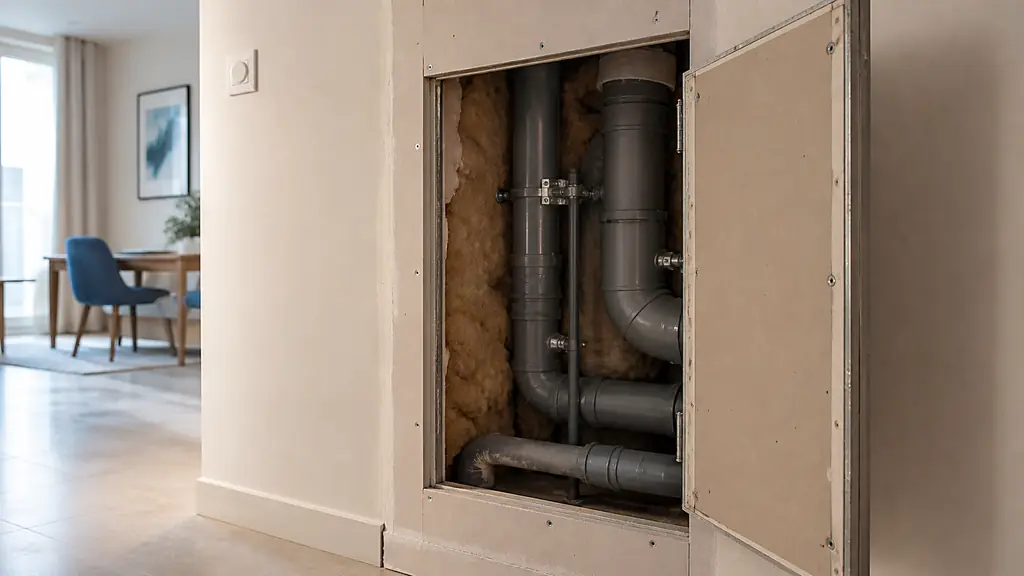 Cutaway view of a vertical technical shaft with plasterboard facing, mineral wool insulation and wastewater pipes visible through an open inspection hatch, realistic residential building interior, editorial photography, no text, no logo
