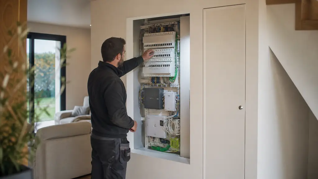 Electrician inspecting an open residential electrical service space with power and communication equipment, beside a separate enclosed vertical water pipe shaft, realistic editorial photography, no text, no logo