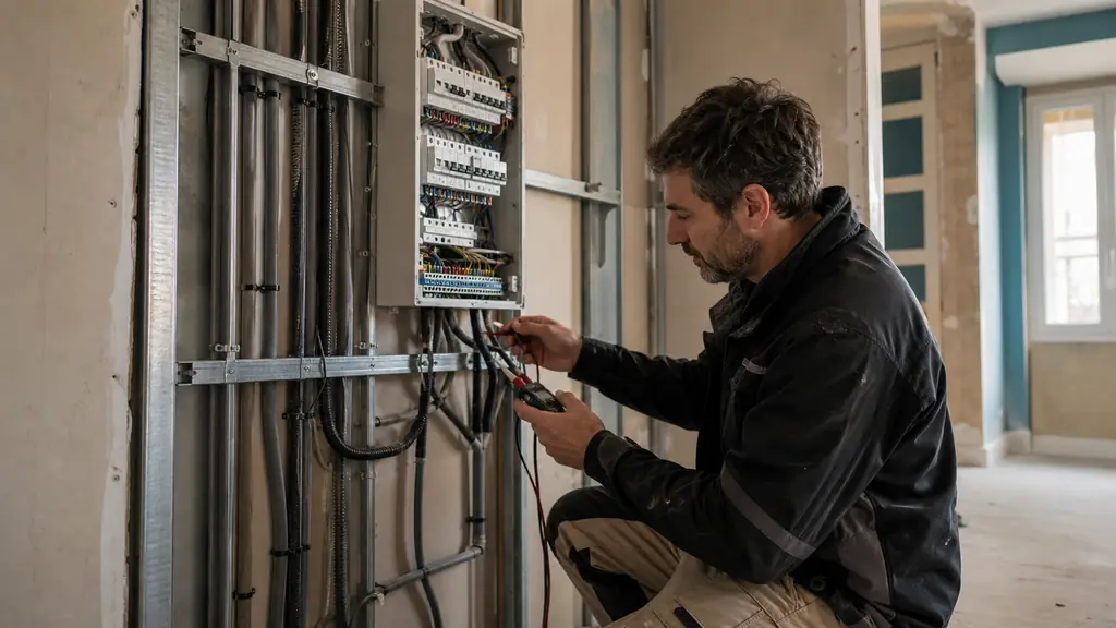 Electrician checking a wall-mounted electrical cabinet fixed to reinforced metal studs, visible mounting rail, neatly secured conduits with cable clips, realistic French residential renovation site, editorial photography, no text, no logo