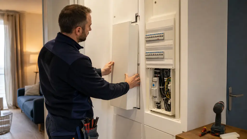 Electrician refitting a precisely cut removable cover on a French residential technical housing duct, visible accessible clips and neatly labeled circuits, realistic editorial photography, no text, no logo