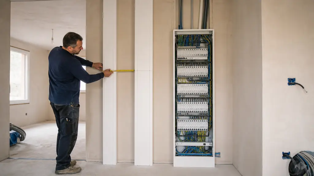 electrician comparing a 250 mm Drivia 13 trunking and a 355 mm Drivia 18 trunking beside an open distribution board, measuring tape visible, full-height wall installation, no text or logos