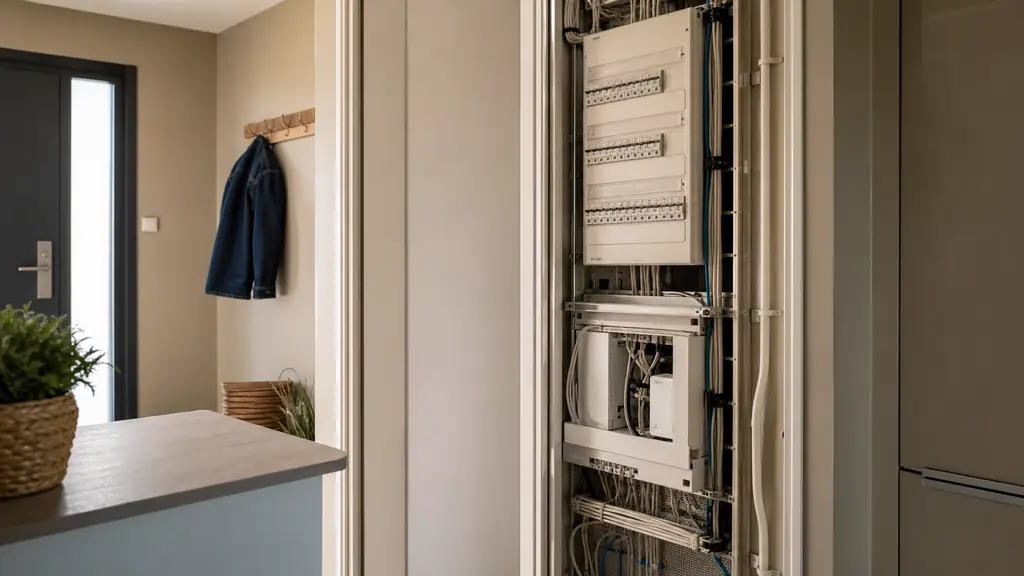 Editorial photograph of an open residential GTL goulotte showing an electrical distribution board, a VDI communication cabinet, and clearly separated power and RJ45 cables inside the reserved technical space, no text, no logo