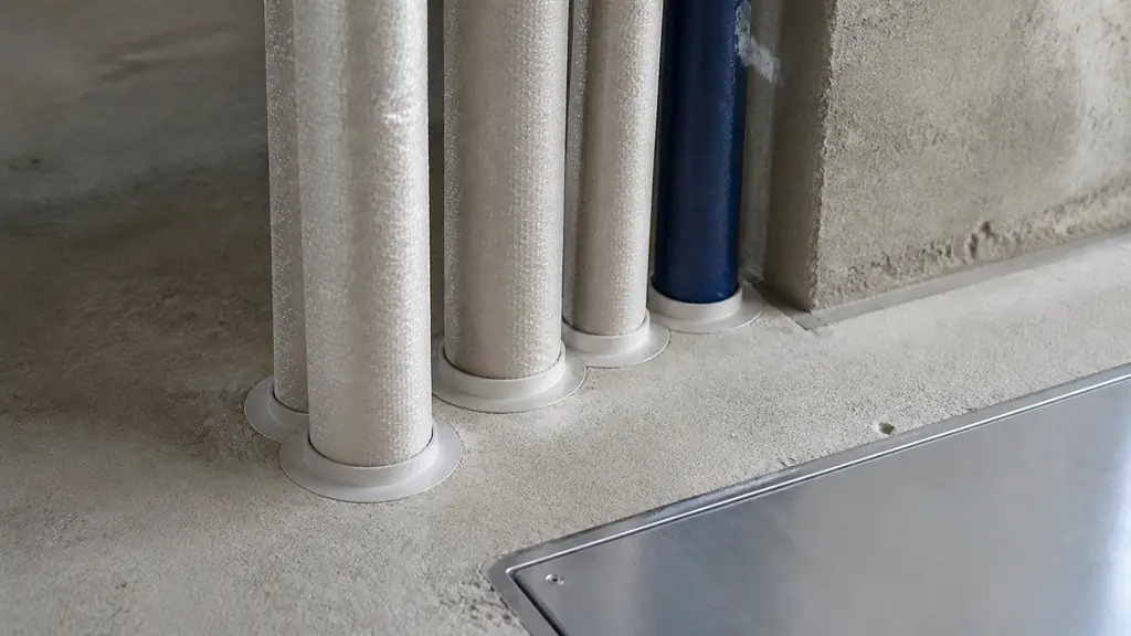 Close-up editorial photograph of insulated pipes passing through a concrete floor slab, carefully sealed firestop openings and a removable metal access hatch nearby, no text, no logo