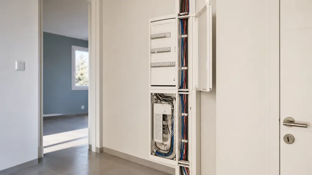 Editorial photograph of an open white PVC GTL trunking with separate compartments for power and communication cables, supporting an electrical distribution board and a communication cabinet, no visible text or logos