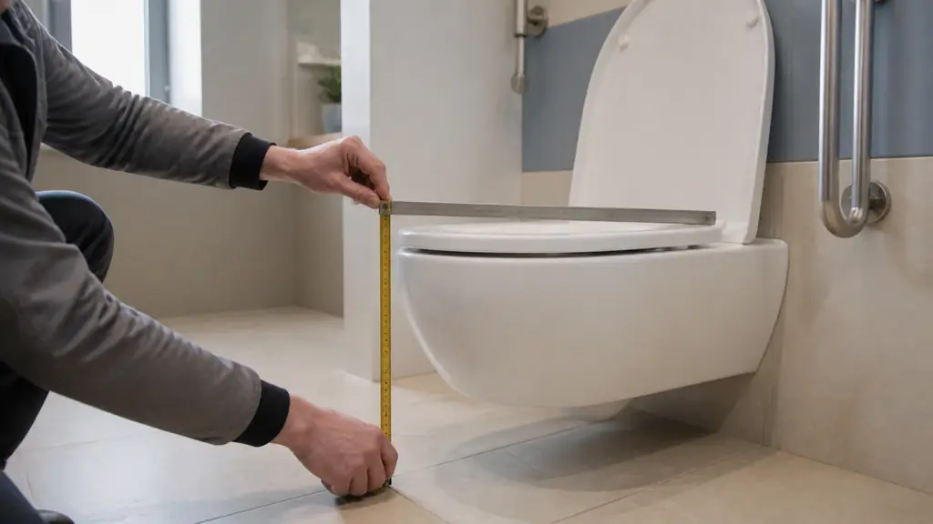 Editorial photograph of a technician holding a tape measure vertically from a tiled finished floor to a rigid ruler laid across the toilet seat of a wall-hung accessible WC, visible seat lid and concealed support frame, no text, no logo