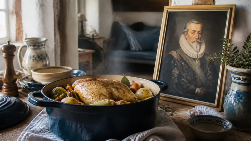 Editorial photograph of a traditional chicken simmering in a rustic pot with vegetables, set beside a historical portrait of Henri IV in a Béarn-inspired interior, no text, no logo