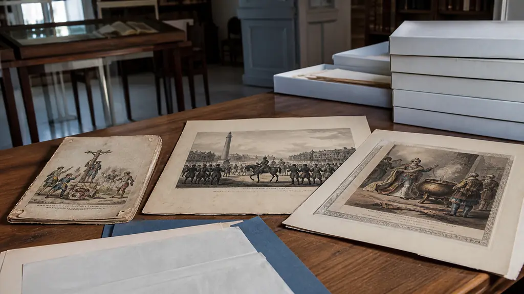 Editorial photograph of an archival table displaying a pre-Revolution satirical pamphlet, an 1823 royal-era print and a late 19th-century illustrated scene of Henri IV beside a steaming cooking pot, no legible text, no logo