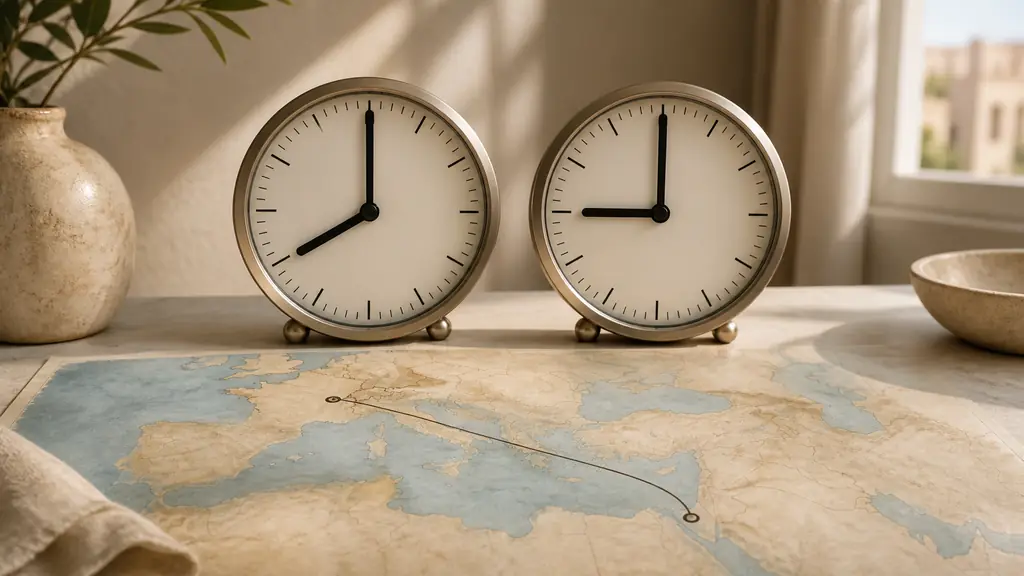 Editorial photograph of two analog clocks side by side showing 8:00 and 9:00, with a travel map connecting metropolitan France to Hurghada on the Red Sea, warm natural morning light, no text, no logo