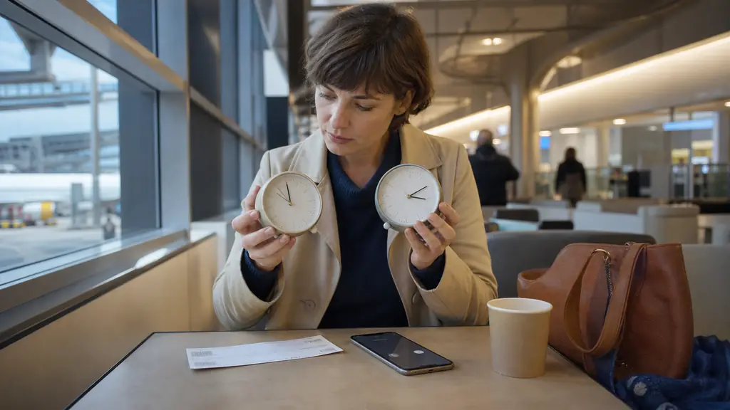 Editorial photograph of a traveler comparing two analog clocks beside an unbranded boarding pass and a smartphone prepared for a scheduled call, airport table setting, no readable text, no logo