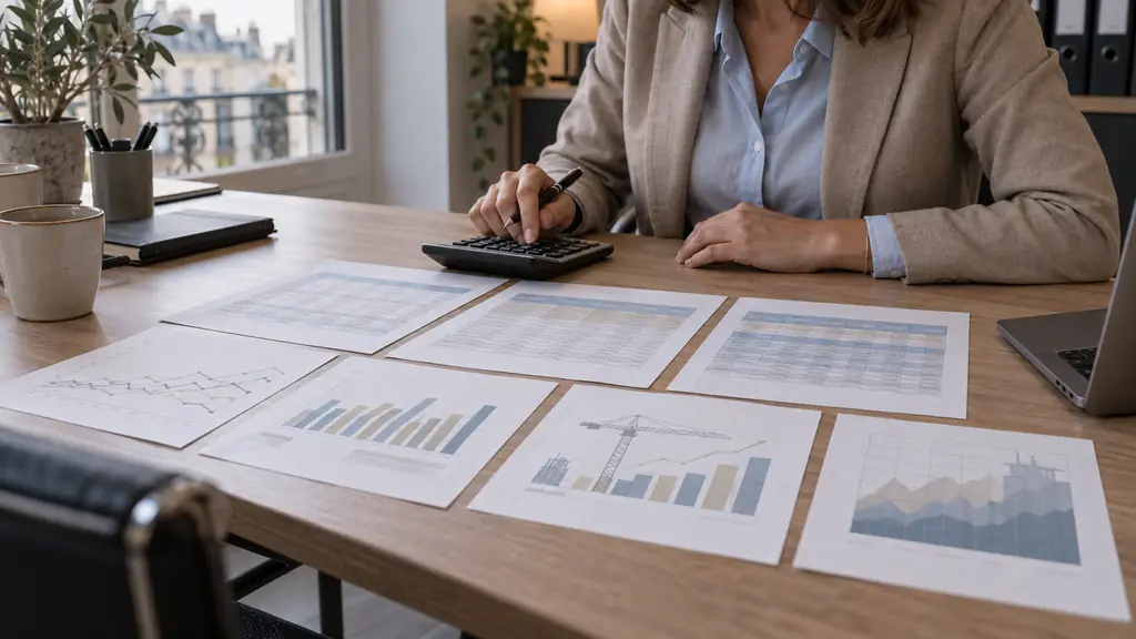 Editorial photograph of a contract manager using a calculator beside three printed index tables and four construction index sheets arranged on an office desk, no visible text or logos