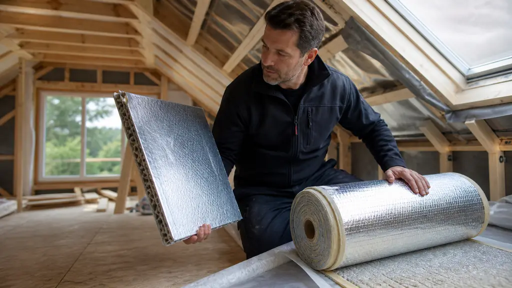Roofer comparing a reflective honeycomb insulation panel with a multilayer roof insulation roll beside an integrated breathable HPV membrane, timber roof rafters visible, editorial construction photography, no text, no logo