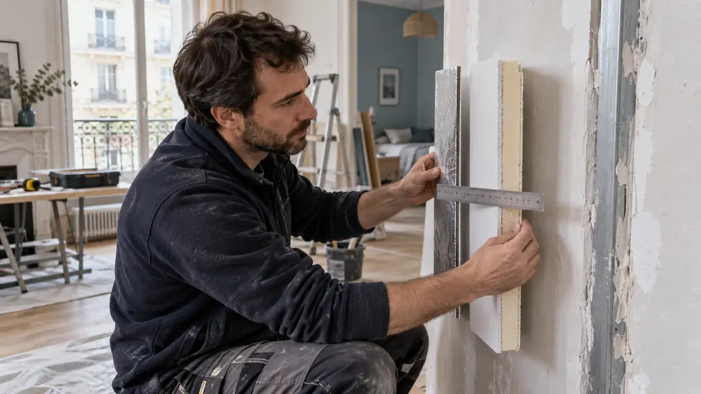 Editorial photograph of a technician comparing a thin vacuum insulated panel with a BA10 polyurethane bonded lining against an interior wall, metal ruler showing panel thickness, clean renovation site