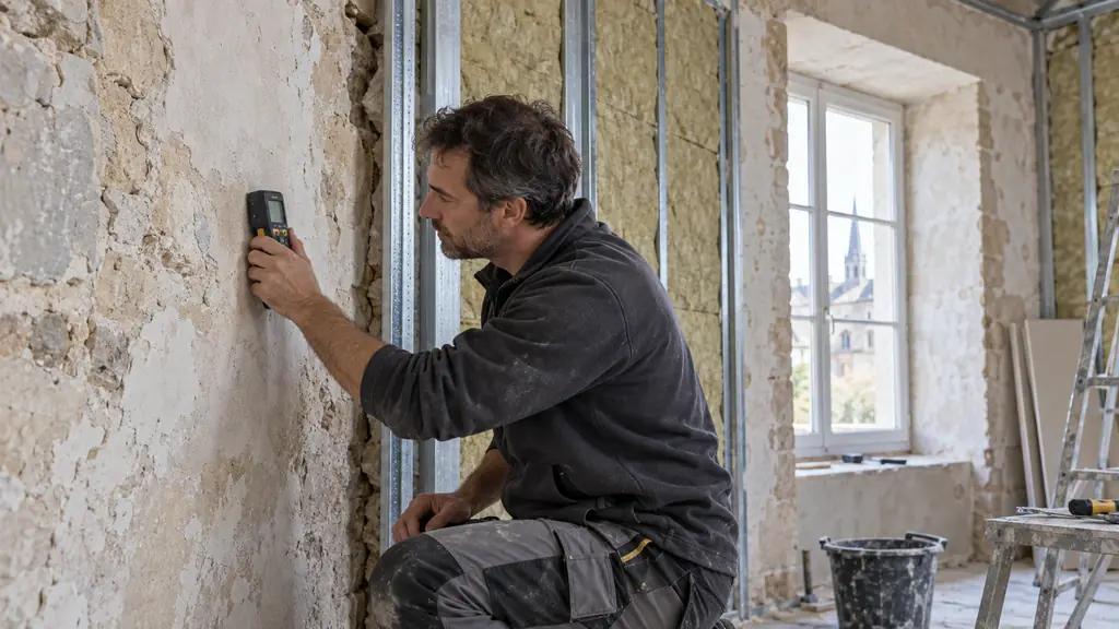 Editorial photograph of a technician checking moisture on an irregular old interior wall beside a metal frame, with mineral wool panels and window reveals visible, no text or logo