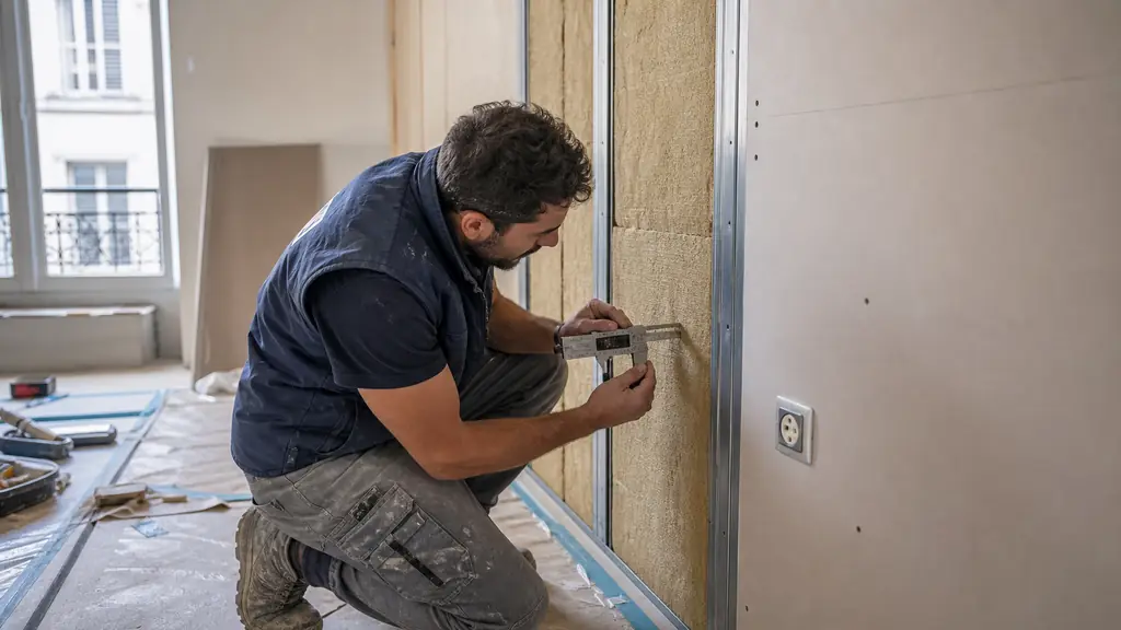 Editorial photograph of a technician measuring an interior wall insulation layer beside an electrical outlet, with insulation boards and finishing plasterboard visible