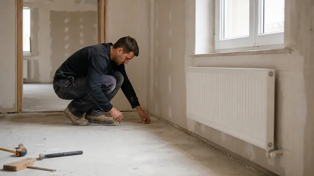 Editorial photograph of a renovation technician marking the footprint of an interior wall lining on a bedroom floor beside a radiator and a window reveal, with a door opening visible nearby
